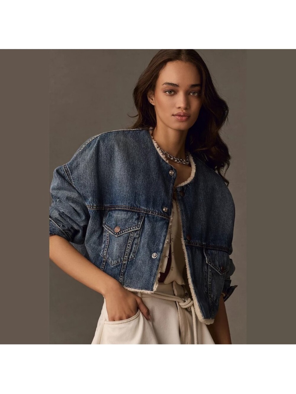 Denimist x Free People Faux Shearling Oversized Cropped Denim Jacket Jean lined